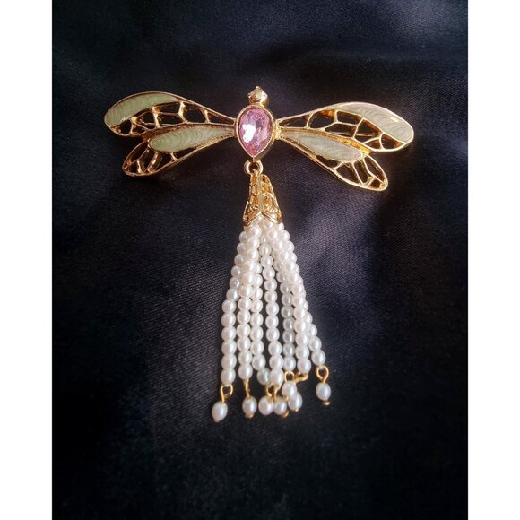 Vintage AVON Signed Dragonfly Green Enamel Pink Rhinestone Faux Pearl Beaded Tai - Picture 2 of 7